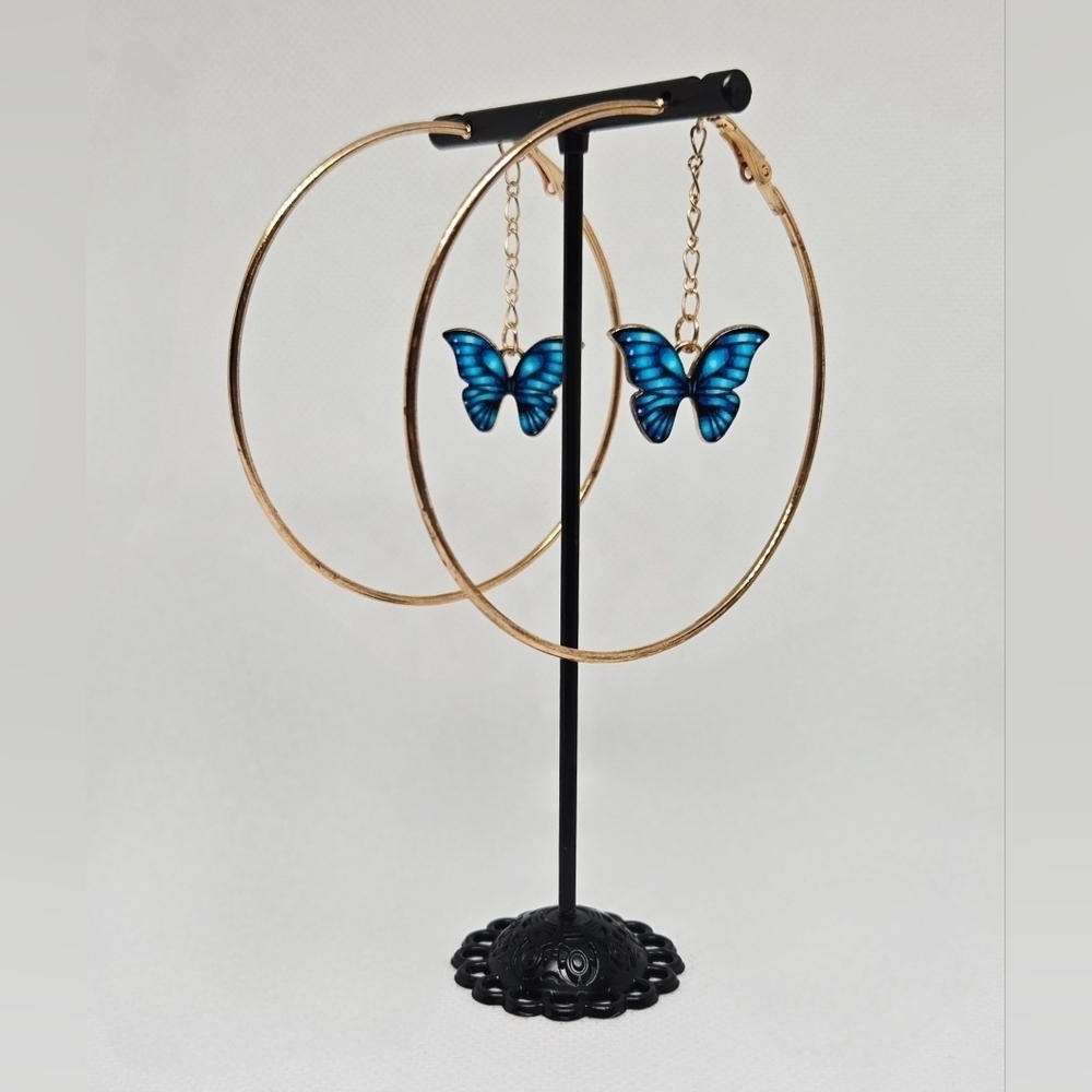 Gold Hoop Earrings with Blue Butterfly Charms – Boho Statement Jewelry